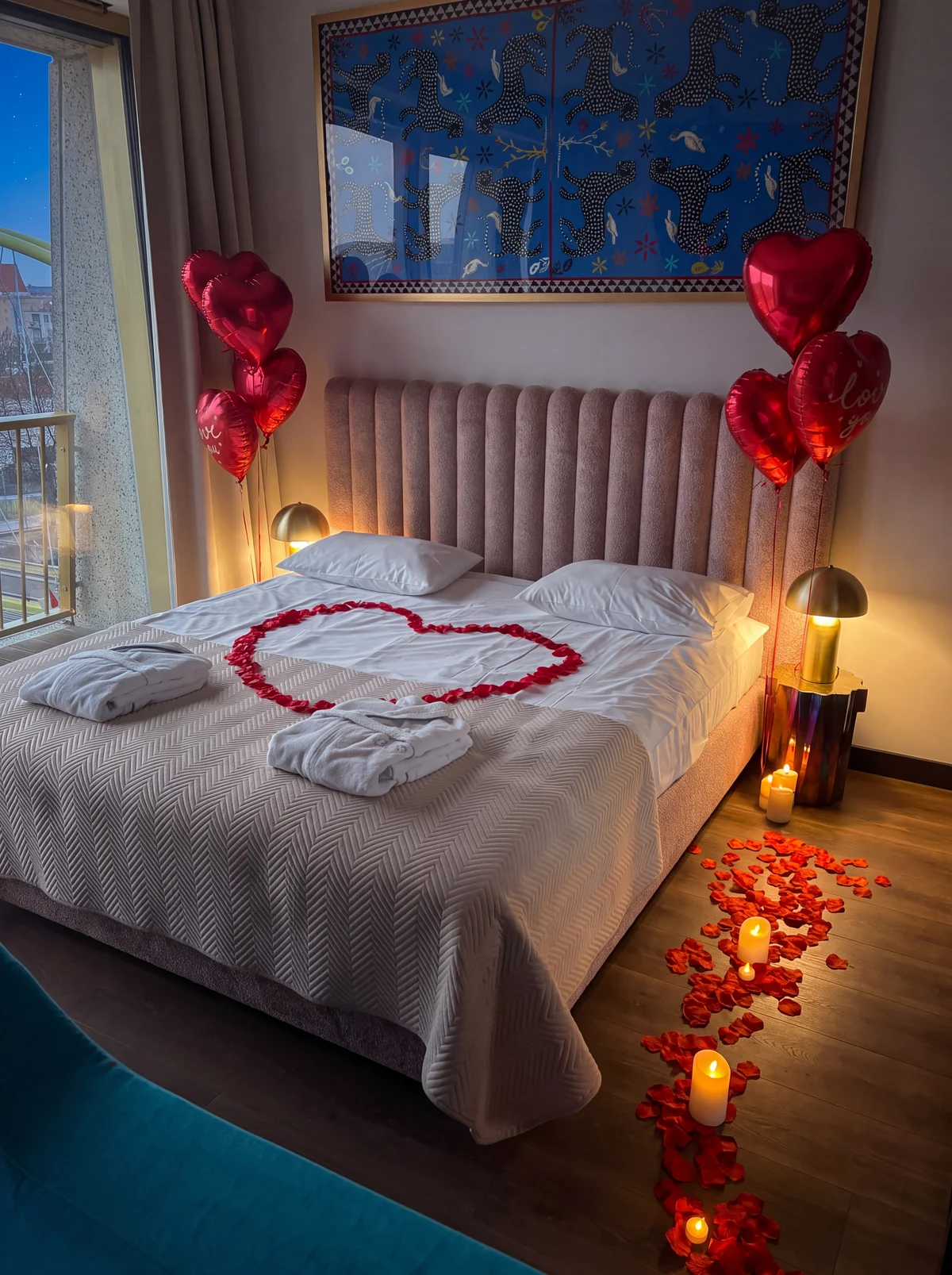 Apartament Boulevard z sercem z płatków róż na łóżku, świecami i balonami